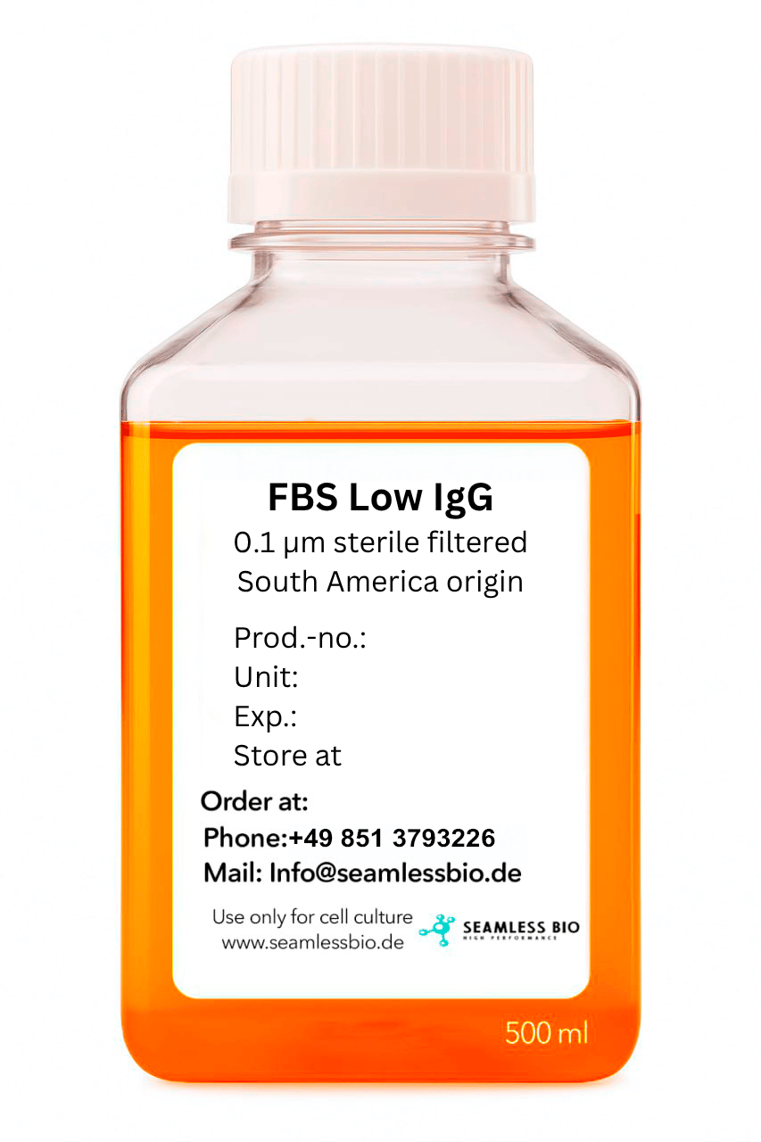 FBS Low IgG bottle, South American origin, processed in Germany, SeamlessBio