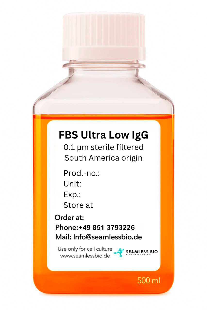 FBS Ultra Low IgG bottle, South American origin, processed in Germany, SeamlessBio
