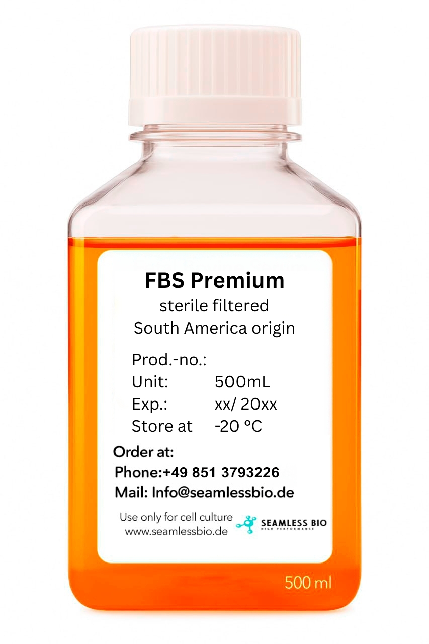 FBS Premium bottle, South American origin, processed in Germany, SeamlessBio